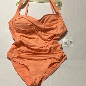 One-Piece Swimsuit in Peach Orange - Classic Ruched Design